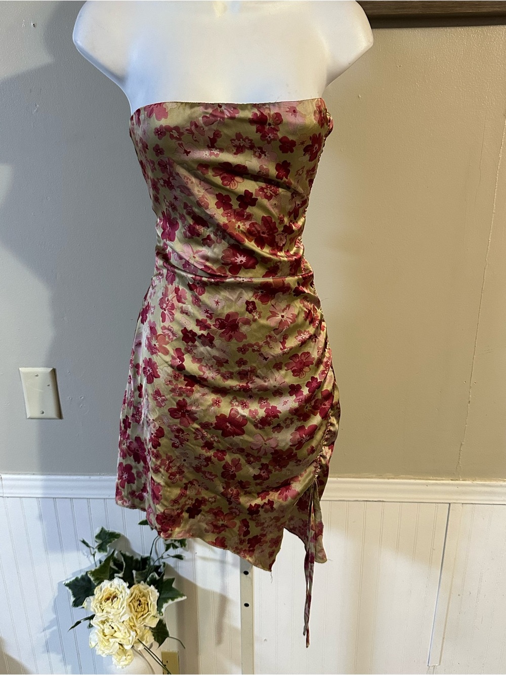 La Hearts Olive Satin Strapless Mini with Rose Floral Print